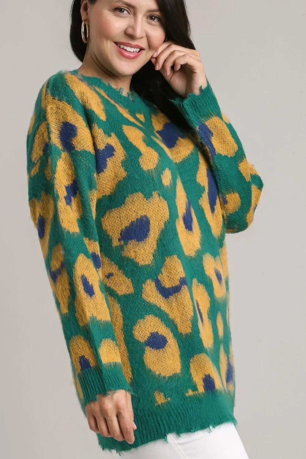 Leopard Distressed Rib Sweater Plus Size in Green detail