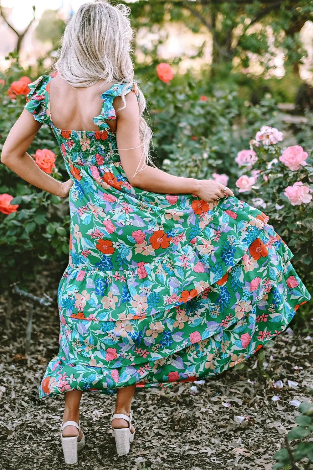 Tiered Ruffled Sleeveless Maxi Dress, fabric and print detail