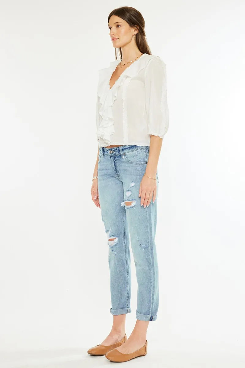 Kancan Mid Rise Distressed Boyfriend Fit Jeans - Fashorio