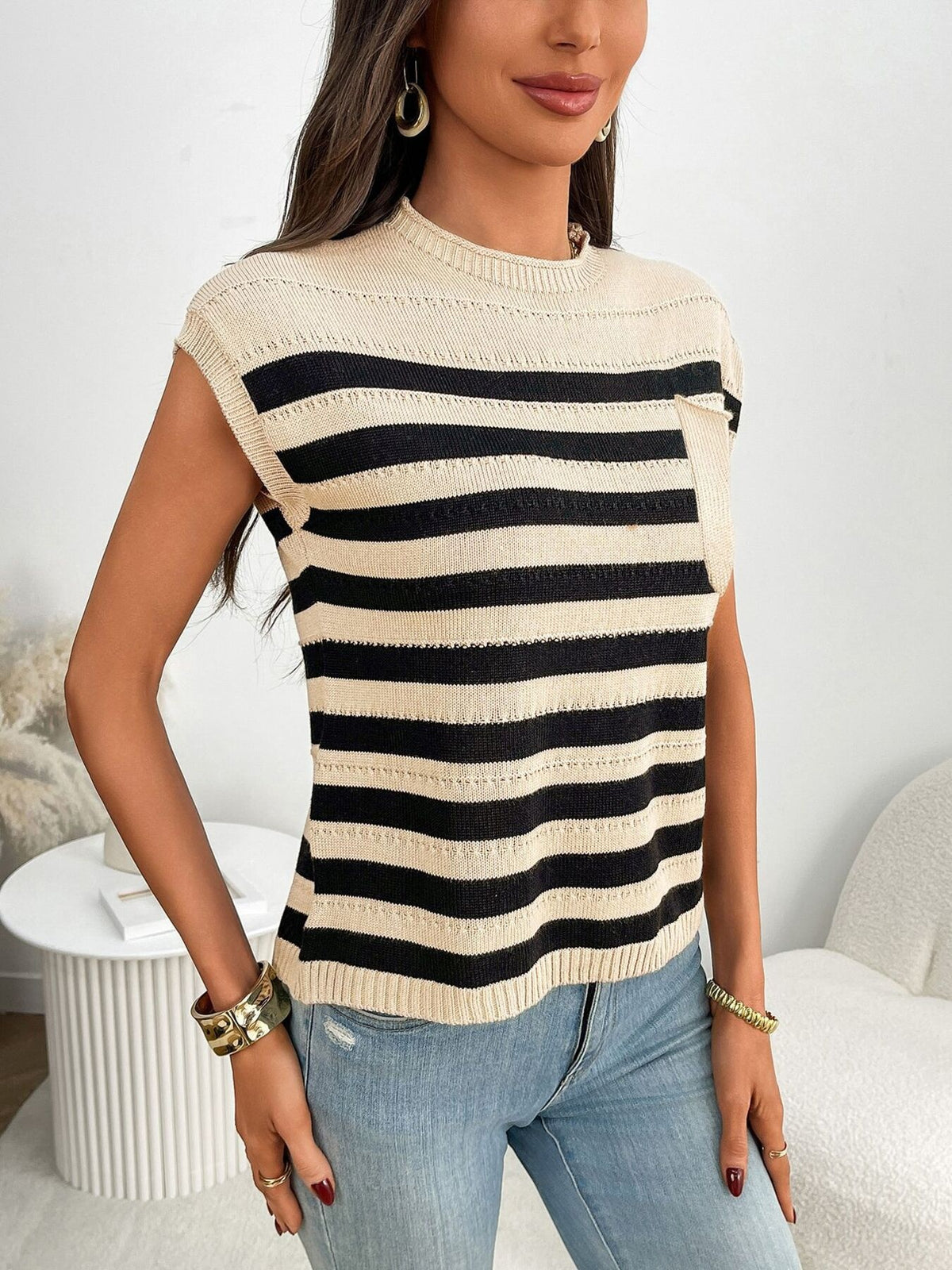 Black striped knit cap sleeve sweater front view