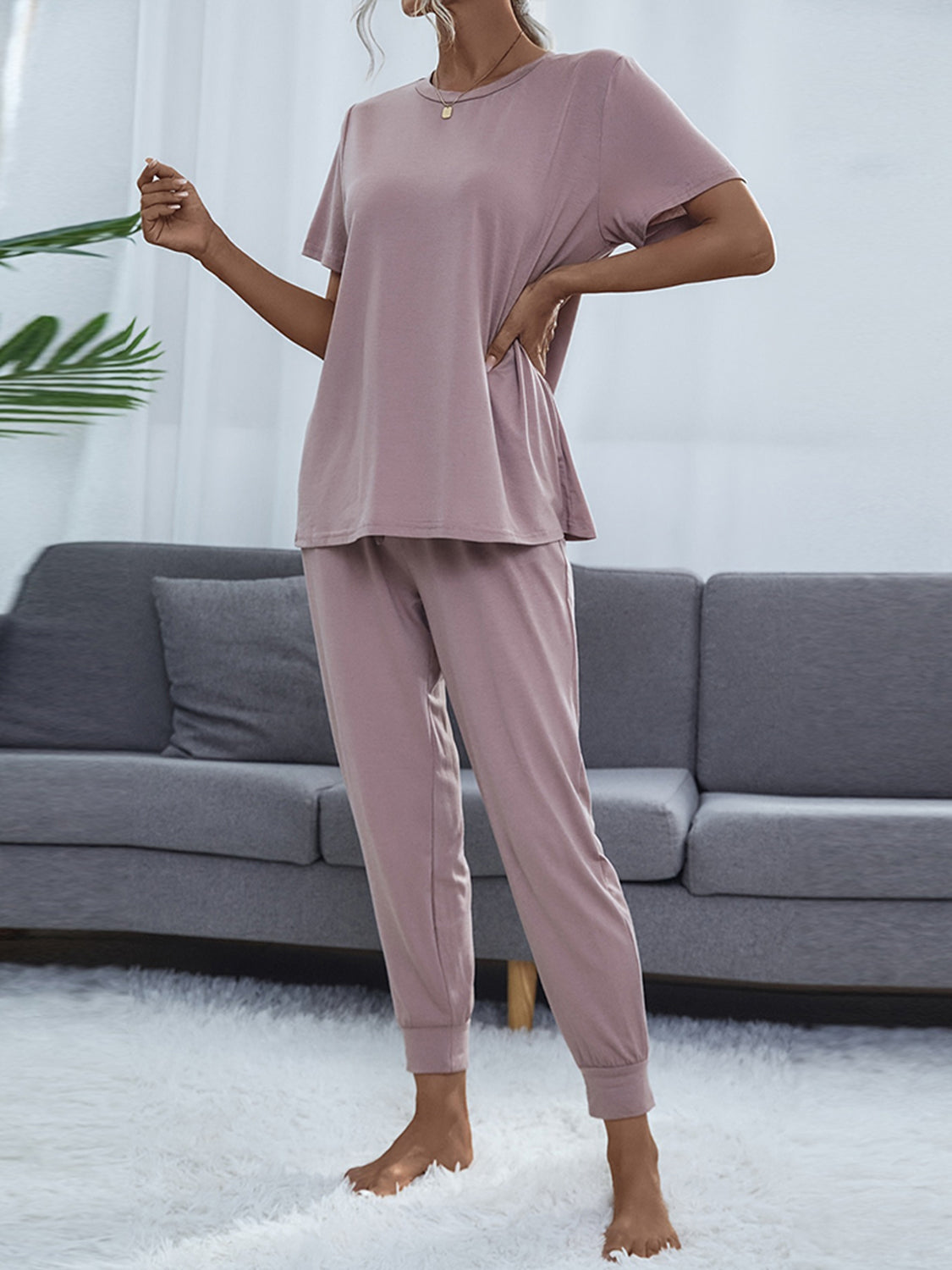 Shiny Round Neck Short Sleeve Top and Pants Set - Fashorio