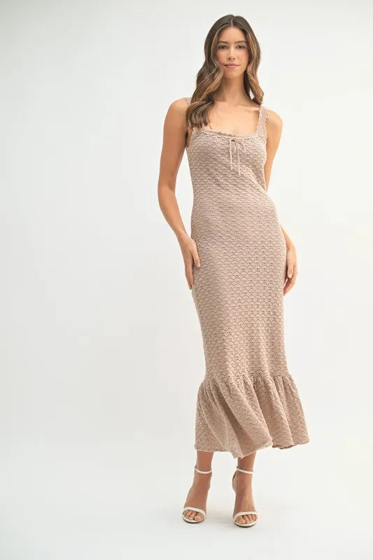 MABLE Ruffled Hem Sleeveless Crochet Knit Midi Dress Mocha - Fashorio