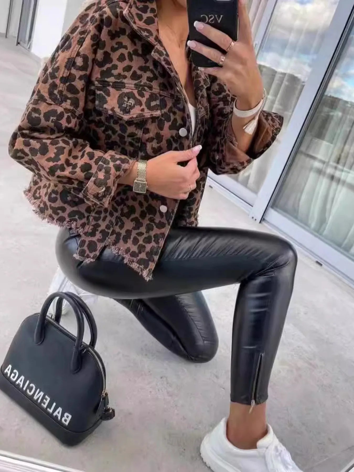 Leopard Print Raw Hem Denim Jacket - Fashorio