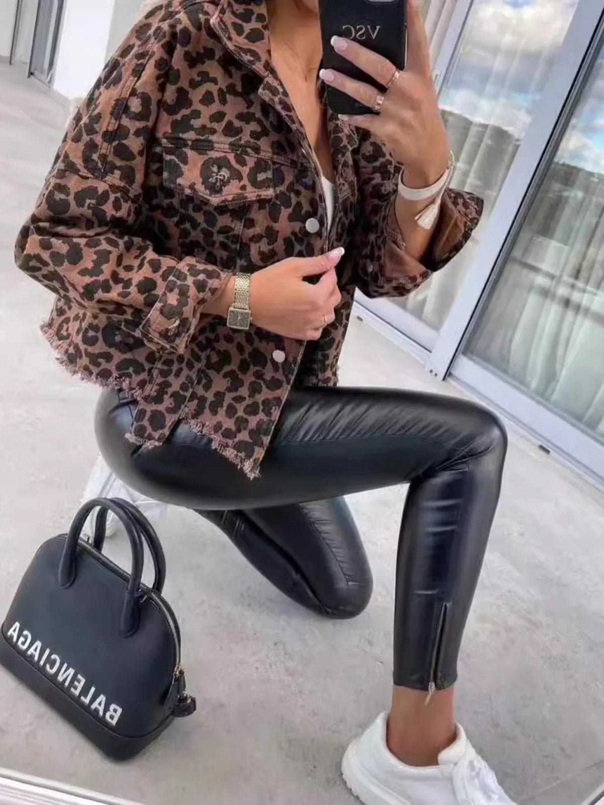 Leopard Print Frayed Hem Denim Jacket side view