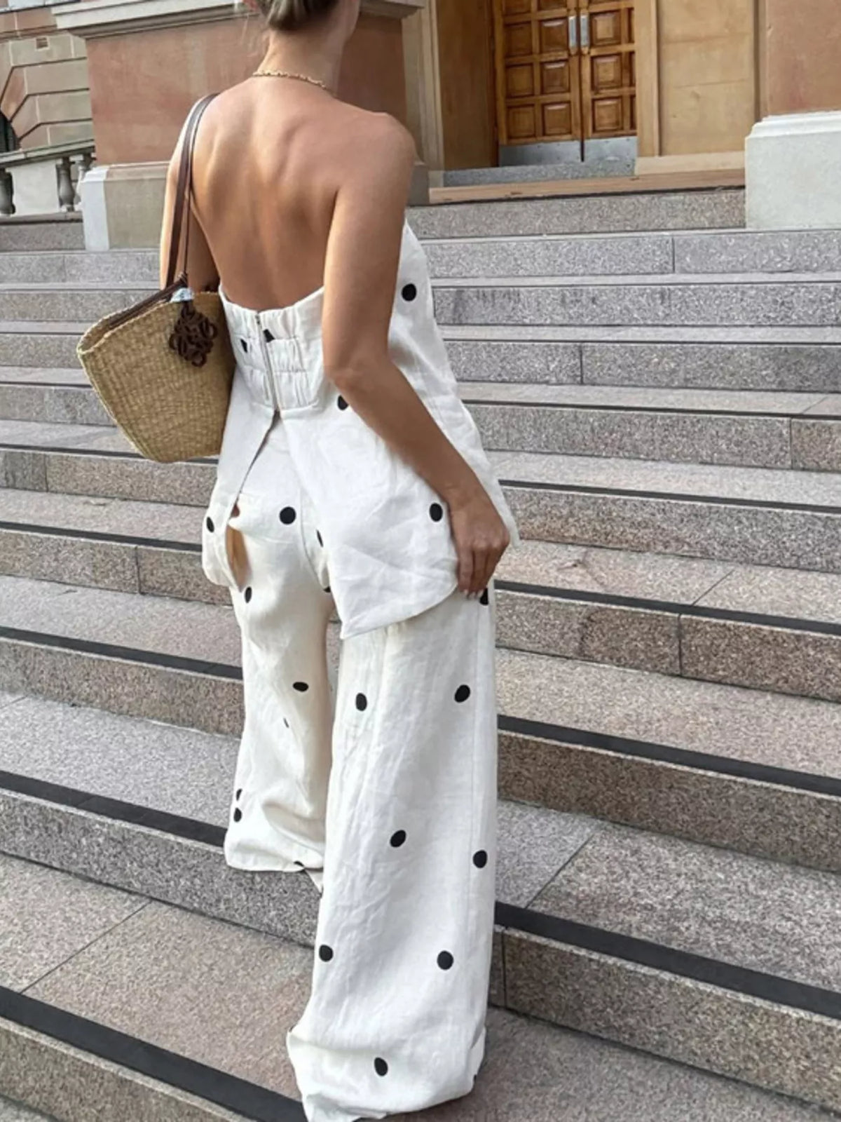 Polka dot strapless top and pants set side view