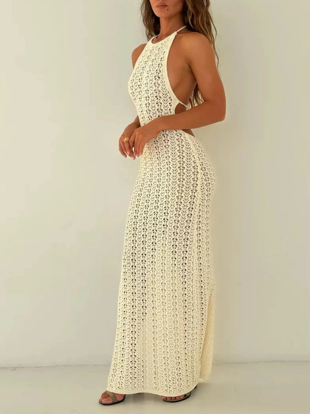 Crochet halter cover up maxi dress styled with denim