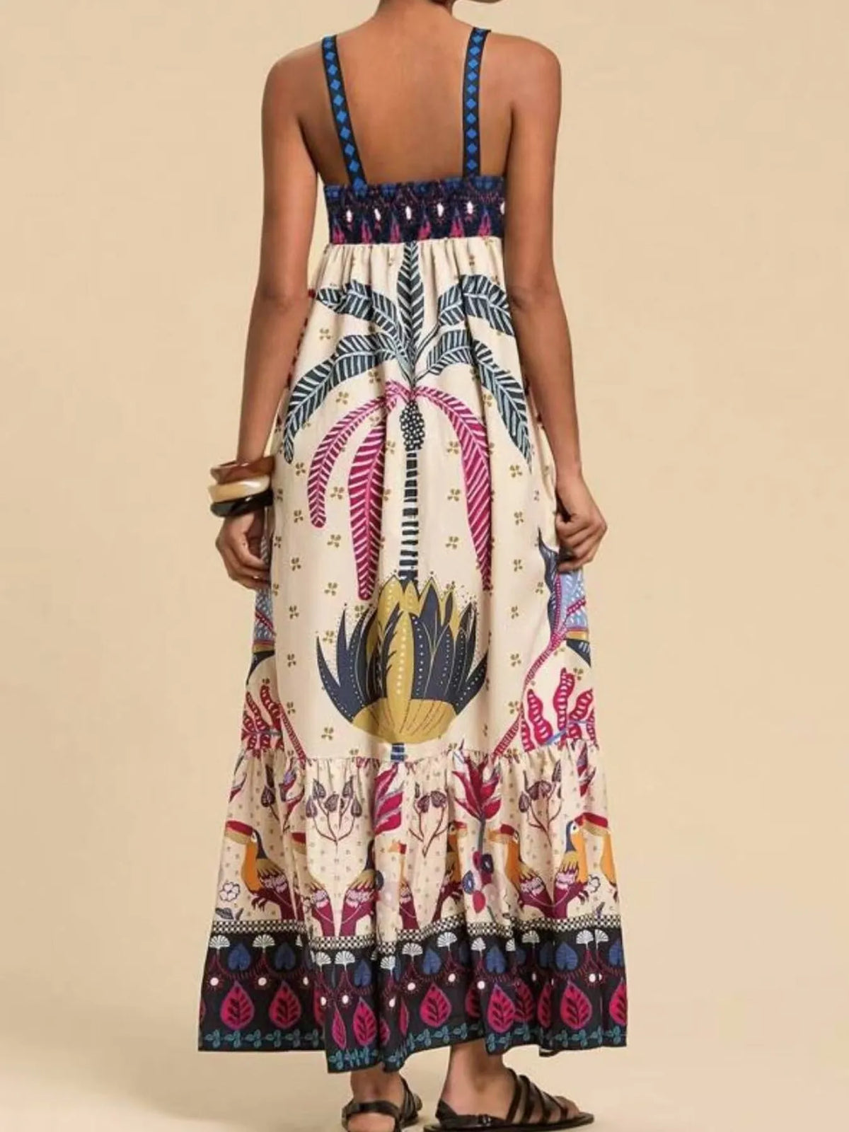 Tropical print maxi cami dress, fabric and print close up