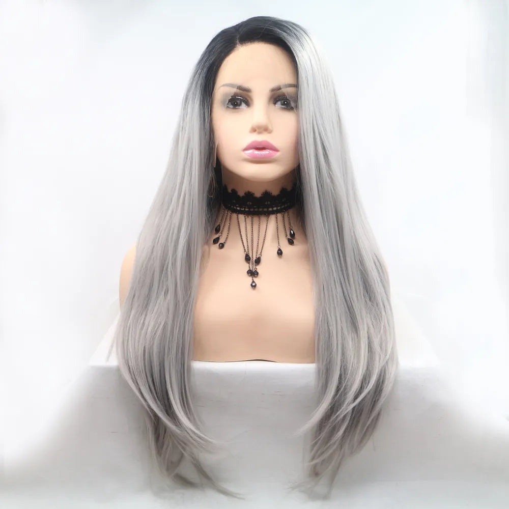 Black and grey long straight lace front wig front view