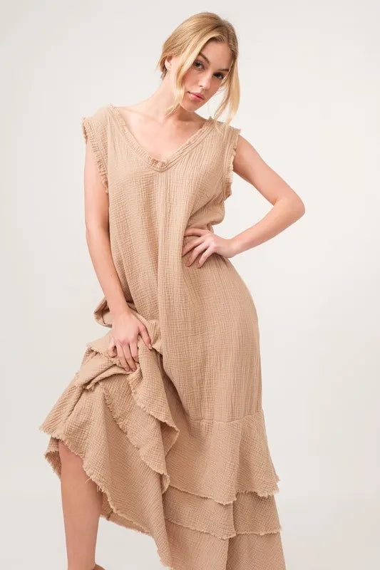 Washed Fringe Detail Tiered Dress side view