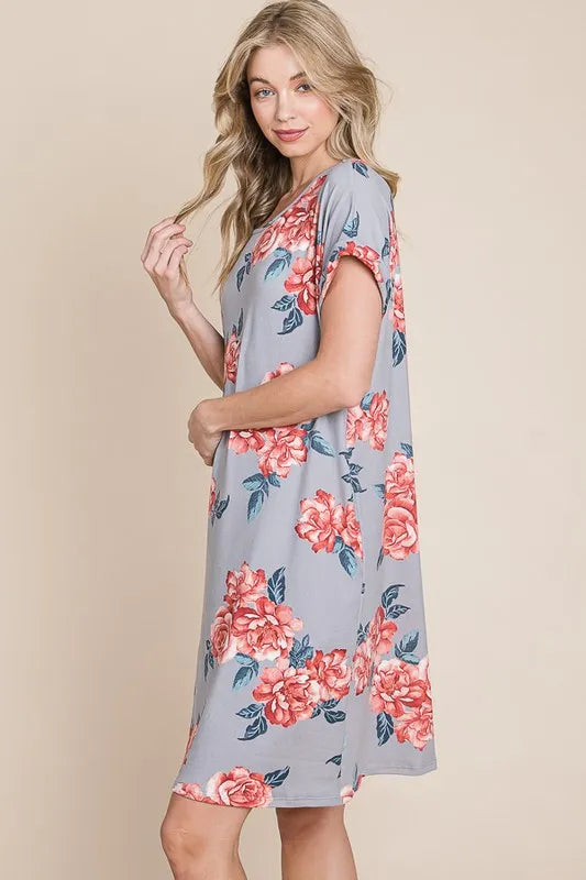 Floral Tee Dress with Pockets in Gray side view