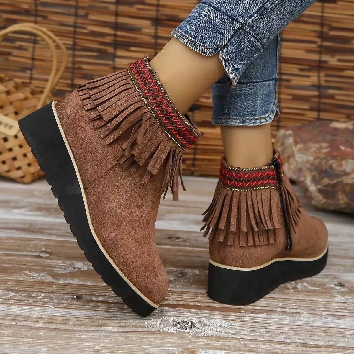 Fringe round toe ankle boots zip detail