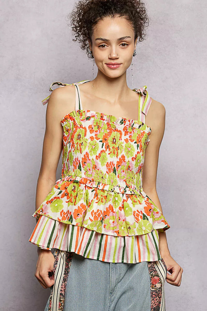 POL lime floral smocked ruffled cami, front view