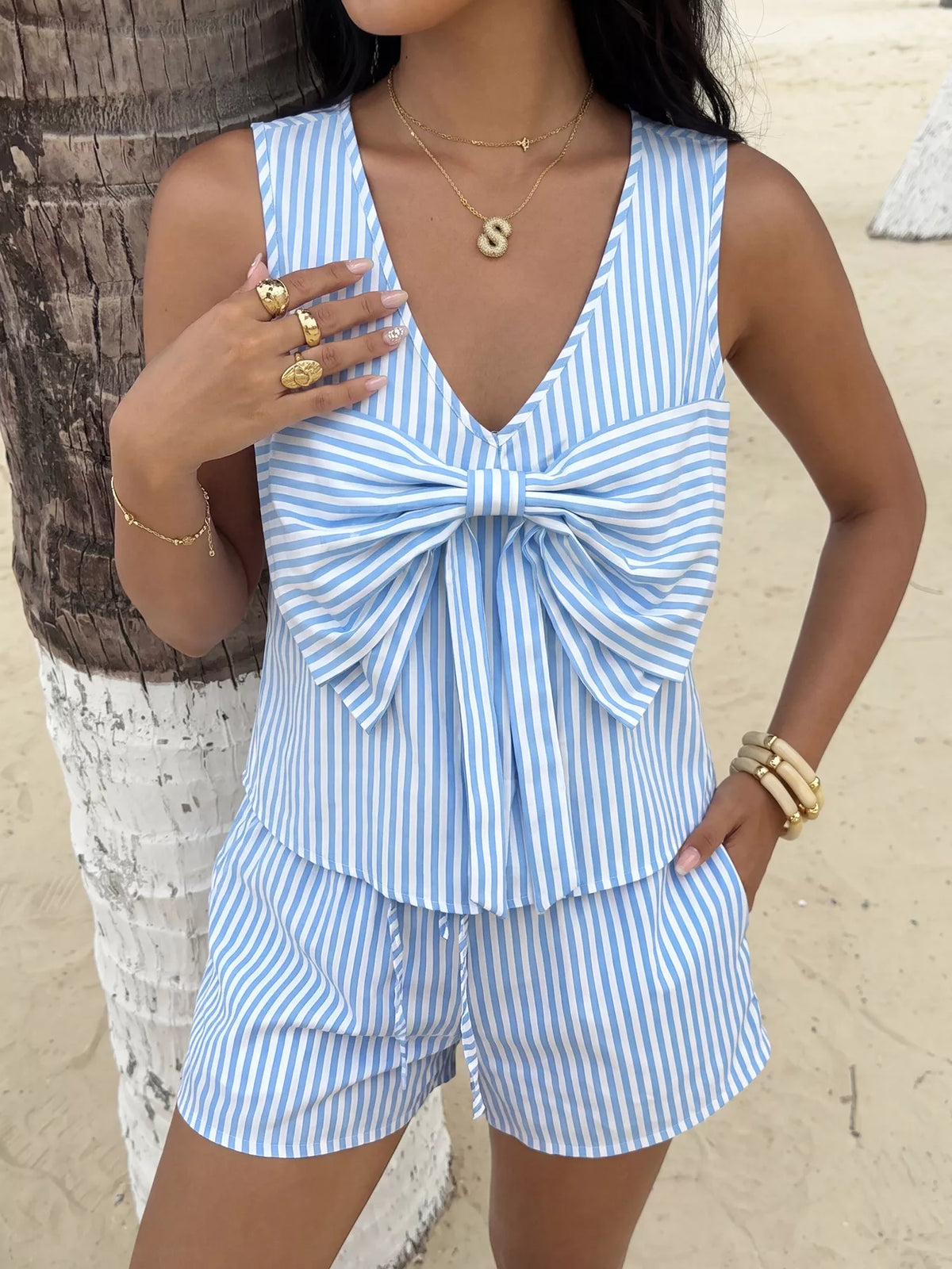 Striped bow sleeveless two piece set back view