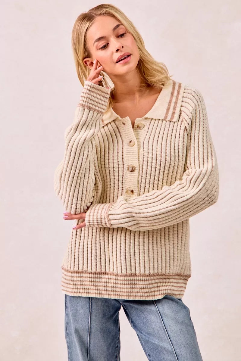 Half Button Ribbed Two Tone Sweater in Cream and Latte view 16