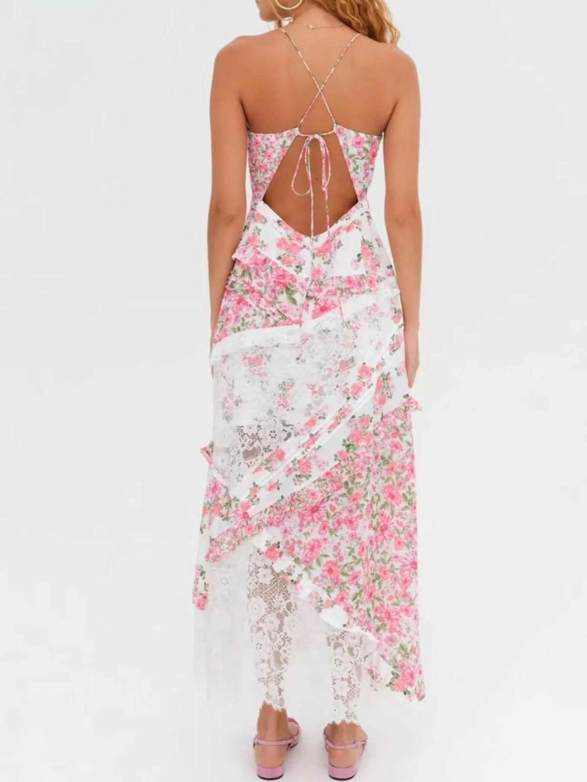Full length lace maxi dress styled for an event