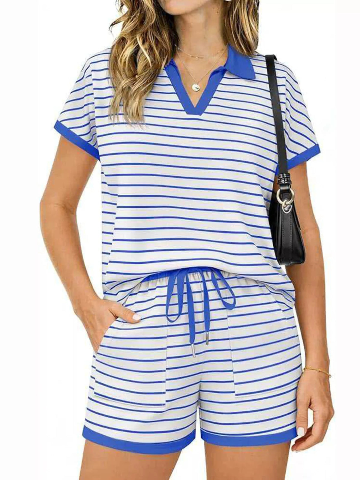 Striped Short Sleeve Polo and Shorts Set, view 13
