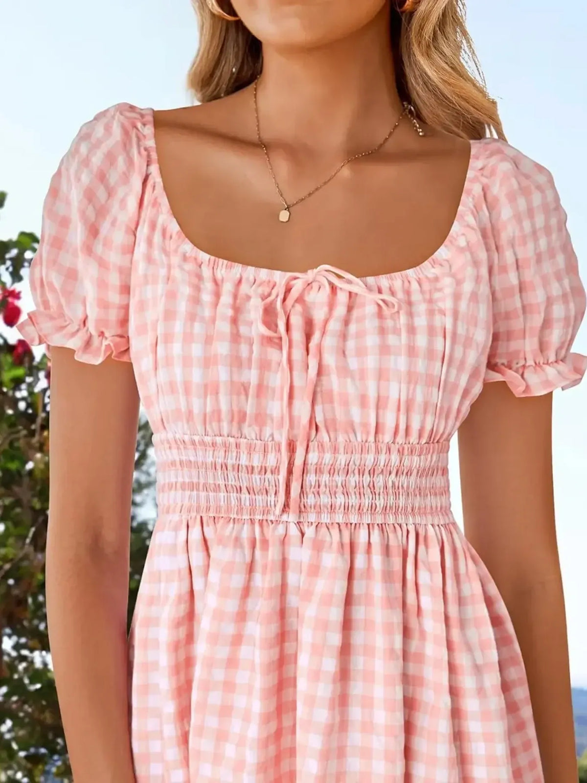 Gingham Smocked Puff Sleeve Summer Dress in Yellow view 11