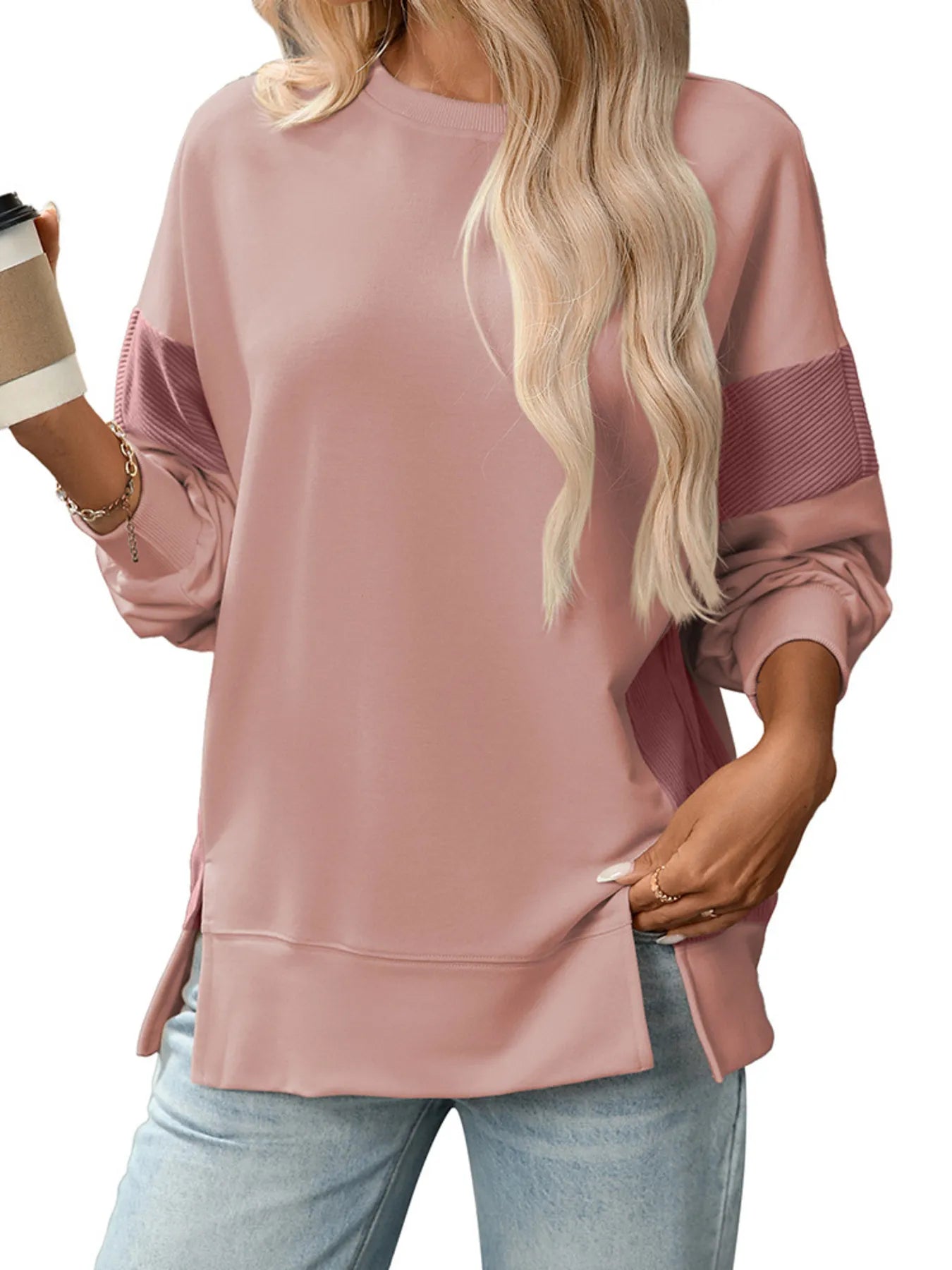 Slit Round Neck Long Sleeve Sweatshirt - Fashorio