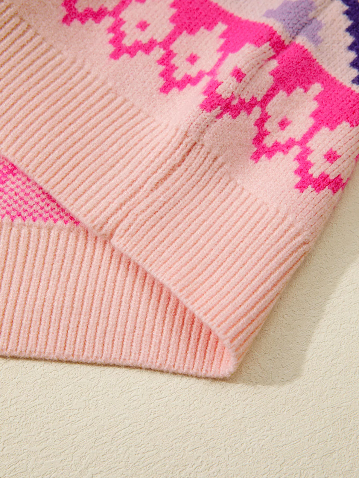 blush pink feather cuff patterned knit sweater styled outfit look