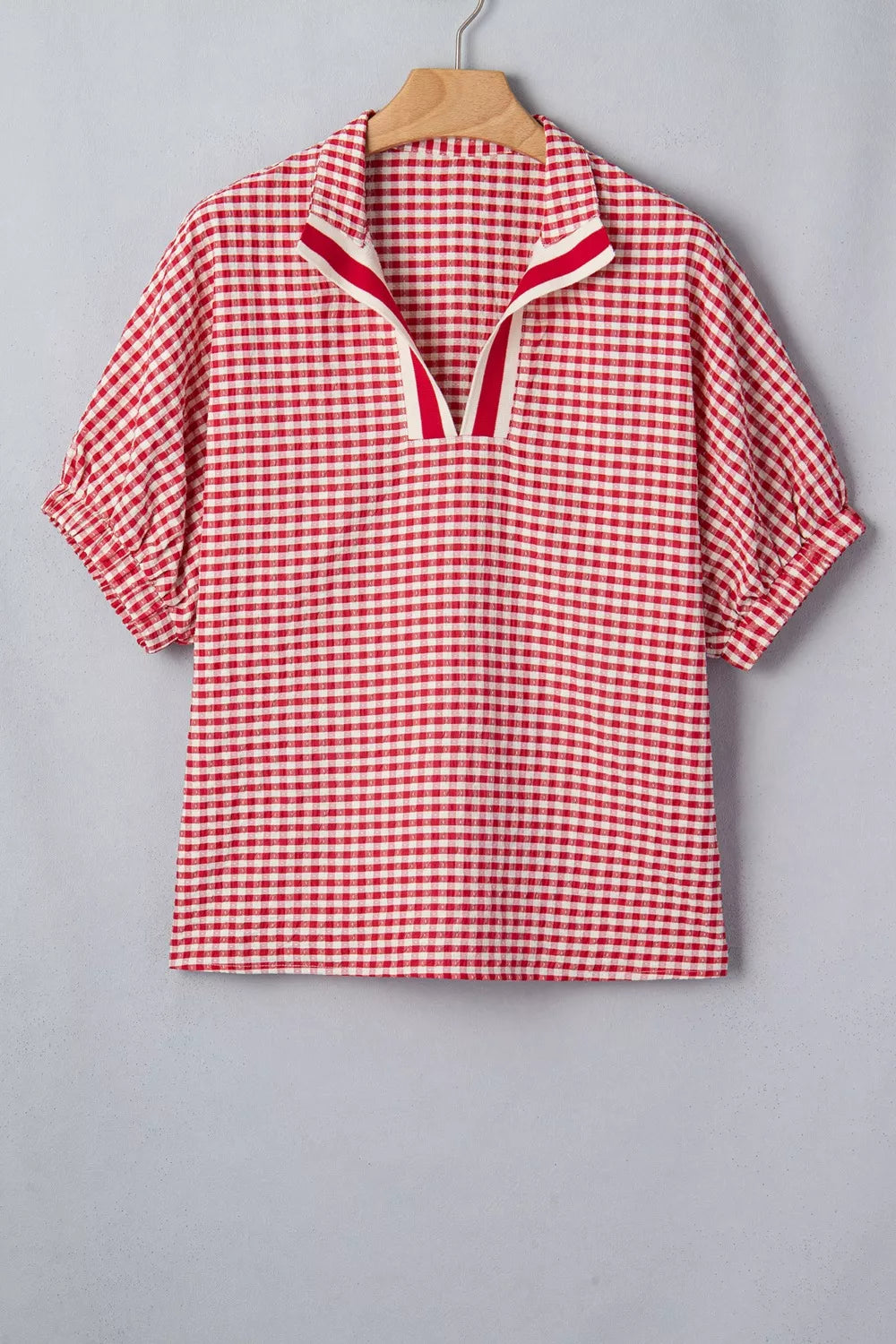 gingham half sleeve blouse on model