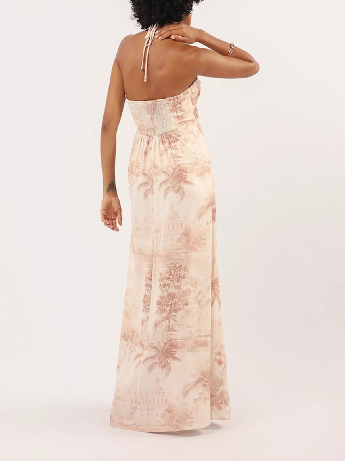 tan tropical print halter neck smocked maxi dress back view