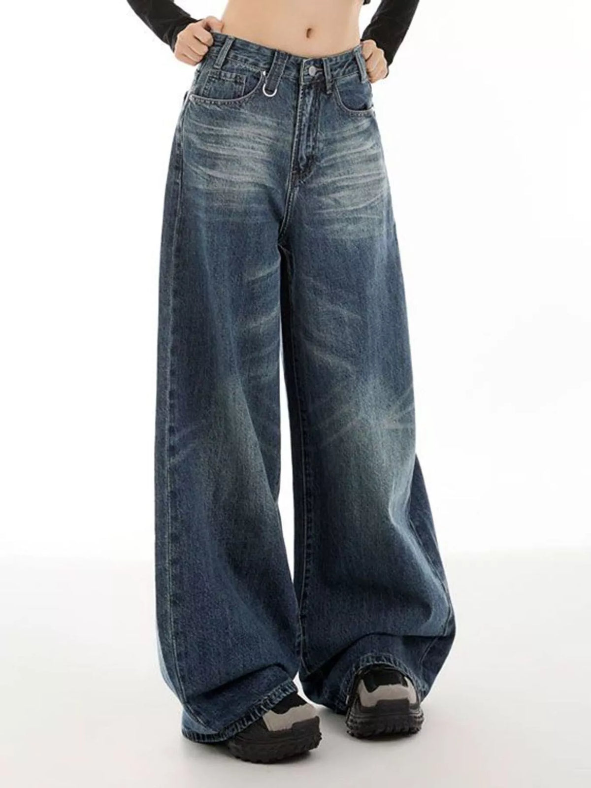 Vintage wash wide leg jeans front view