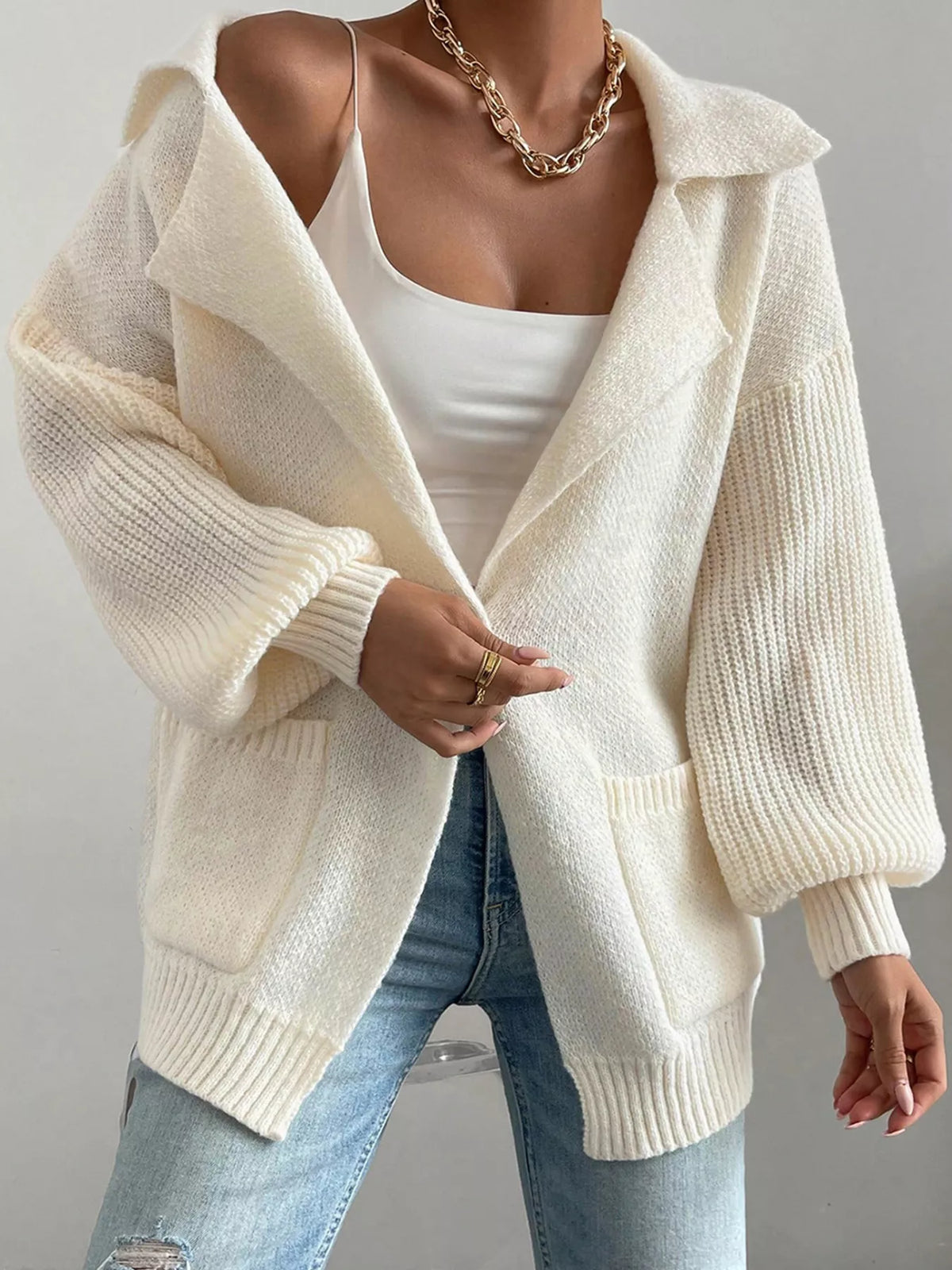 Lapel Collar Single Button Cardigan in Ivory close up