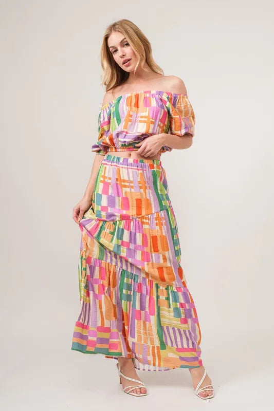 And The Why Asymmetric Geo Printed Tiered Maxi Skirt - Fashorio