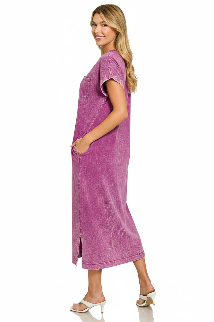 Washed Exposed Seam T Shirt Dress in Plum side view