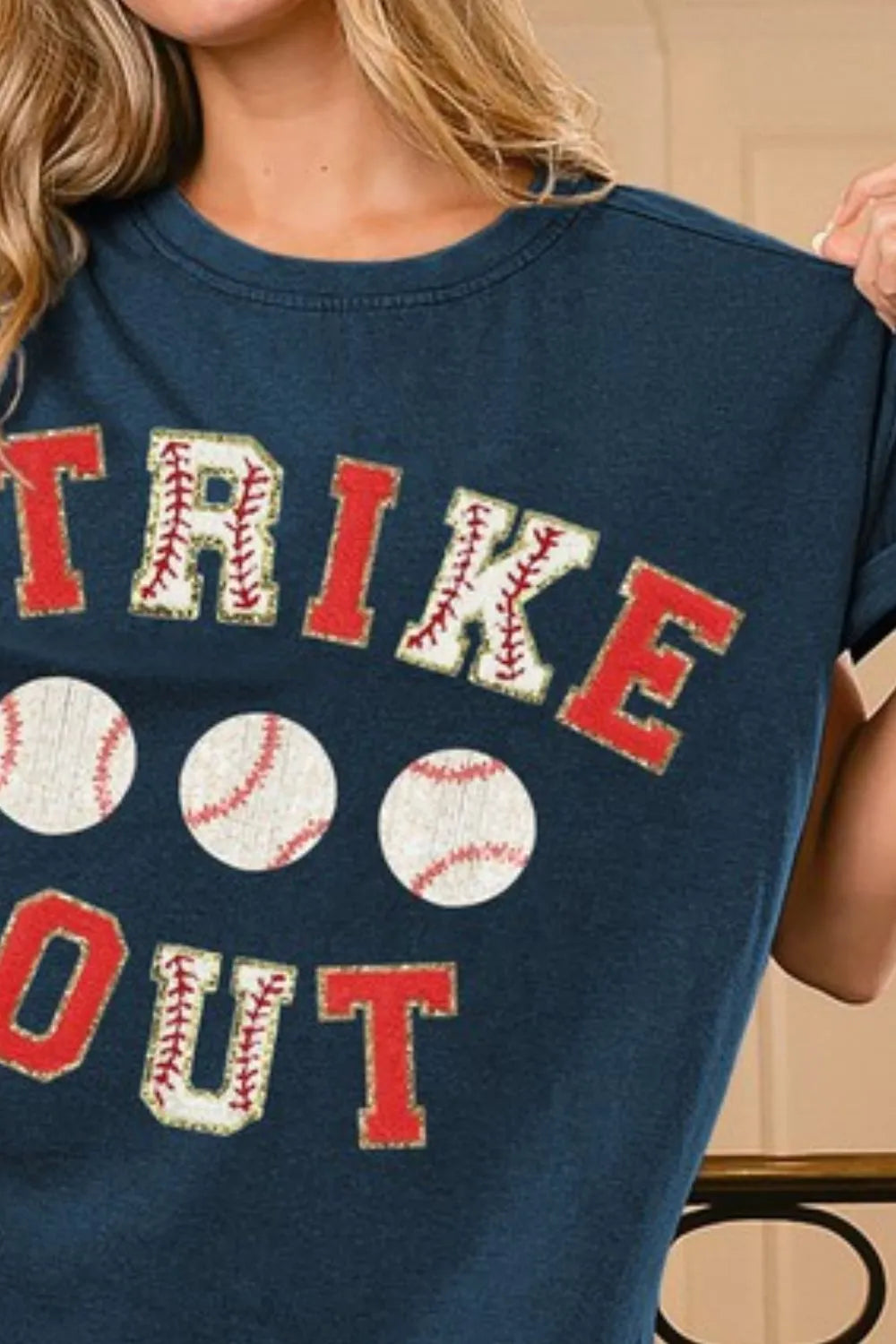 BiBi Strikeout Letter Patches Washed Short Sleeve Top - Fashorio