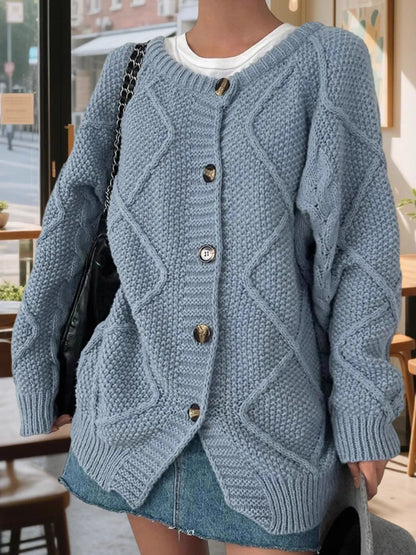 Button-Front Long Sleeve Cardigan - Fashorio