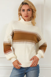 Contrast Turtleneck Long Sleeve Sweater Cream - Fashorio