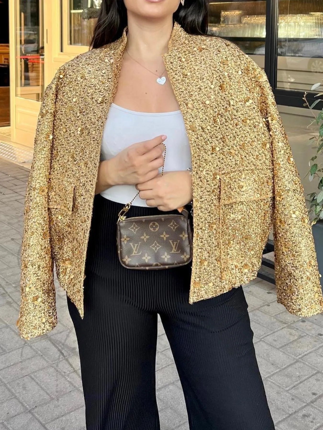 Sequin Long Sleeve Jacket with Pockets - Fashorio