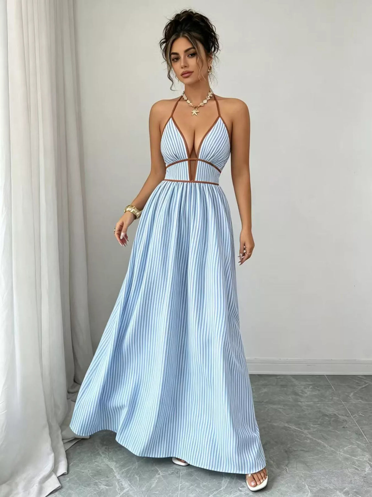 Striped halter maxi dress smocked bodice detail