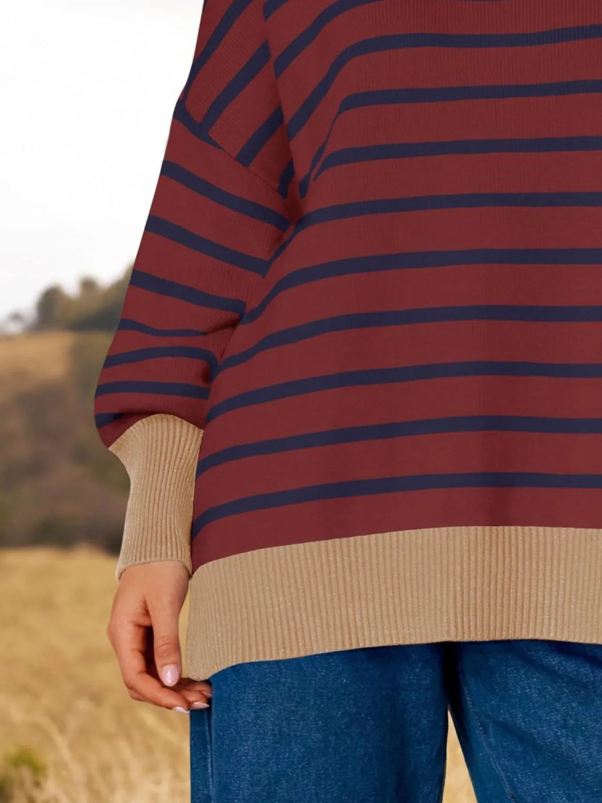 Striped knit sweater full outfit view
