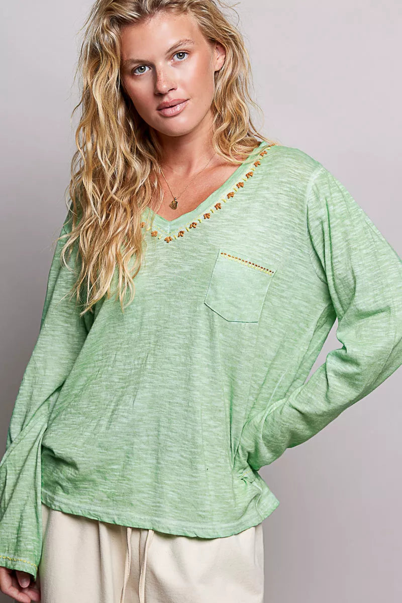 Green v neck contrast stitch knit long sleeve top front view