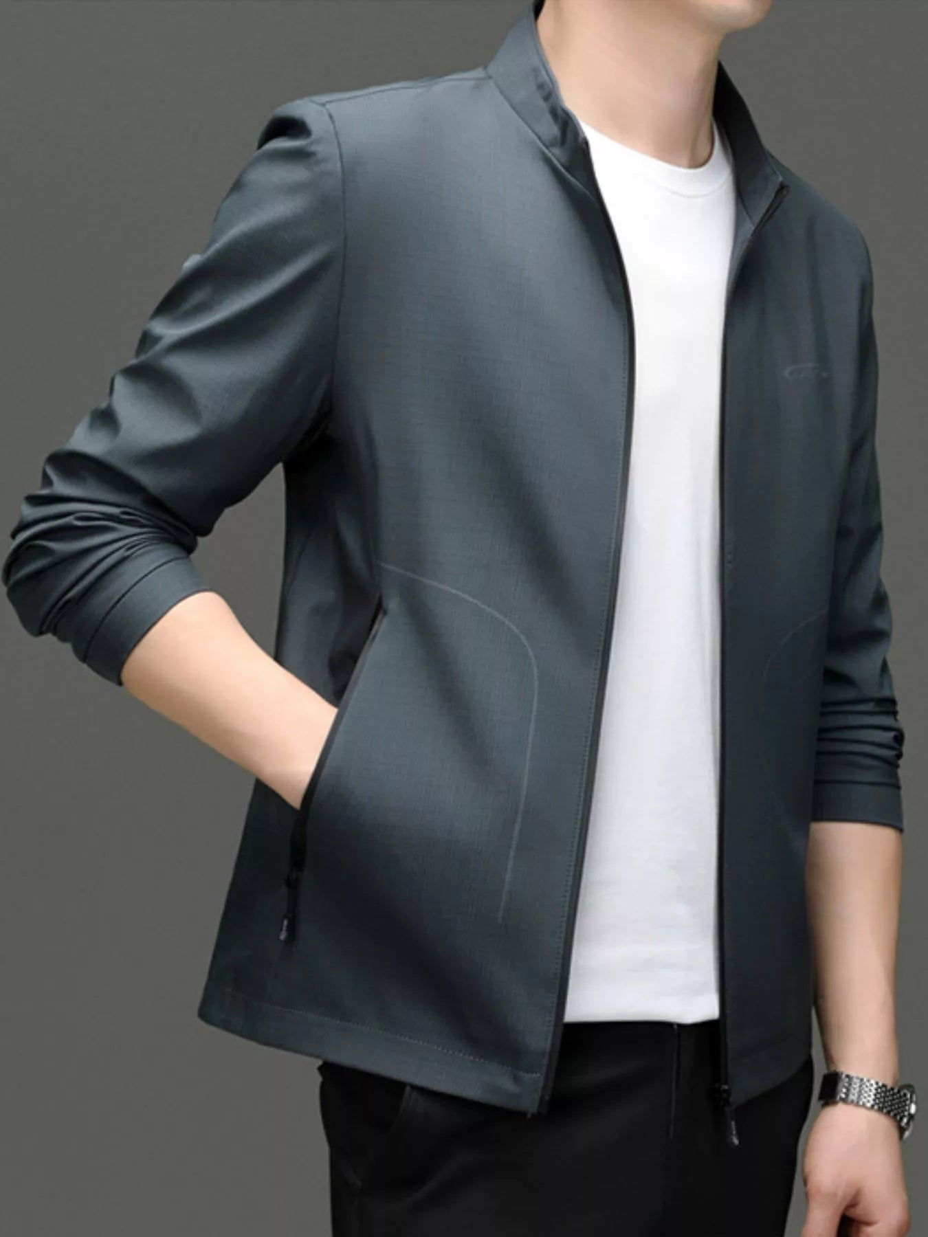 Men's Zip Up Long Sleeve Jacket Grey - Fashorio