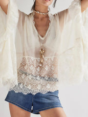 Lace V-Neck Ruffle Long Sleeve Cover-Up White - Fashorio