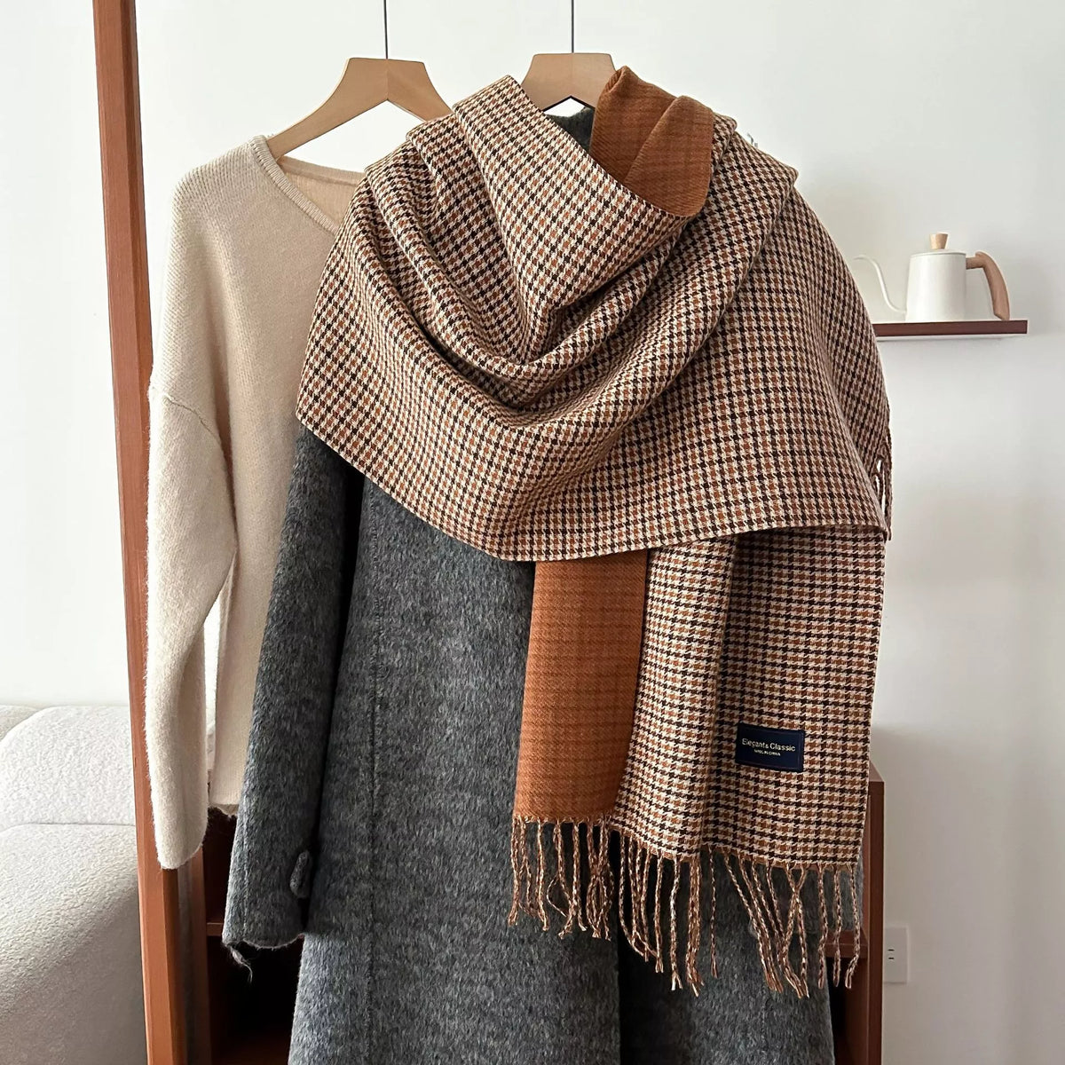 Plaid fringe scarf styled with a winter coat