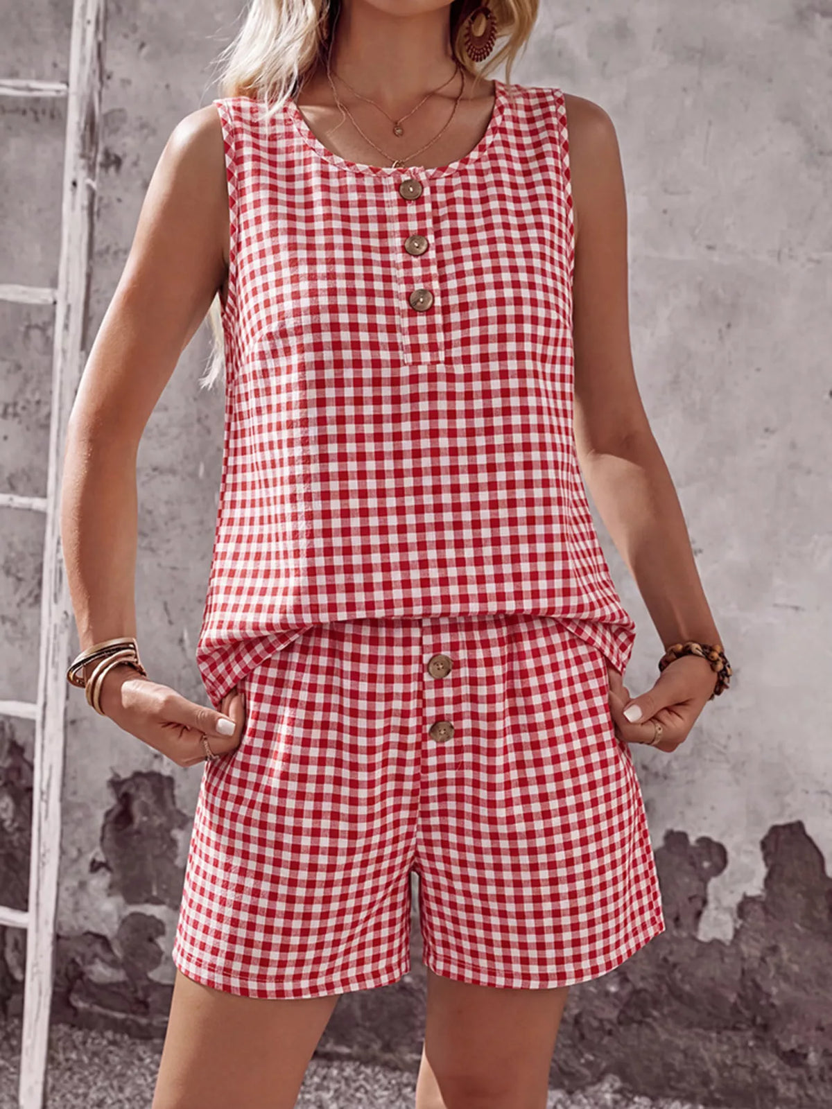 Gingham sleeveless two piece set back detail