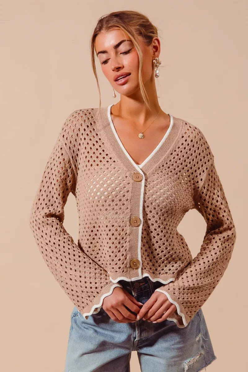 Open knit scallop edge cardigan front view