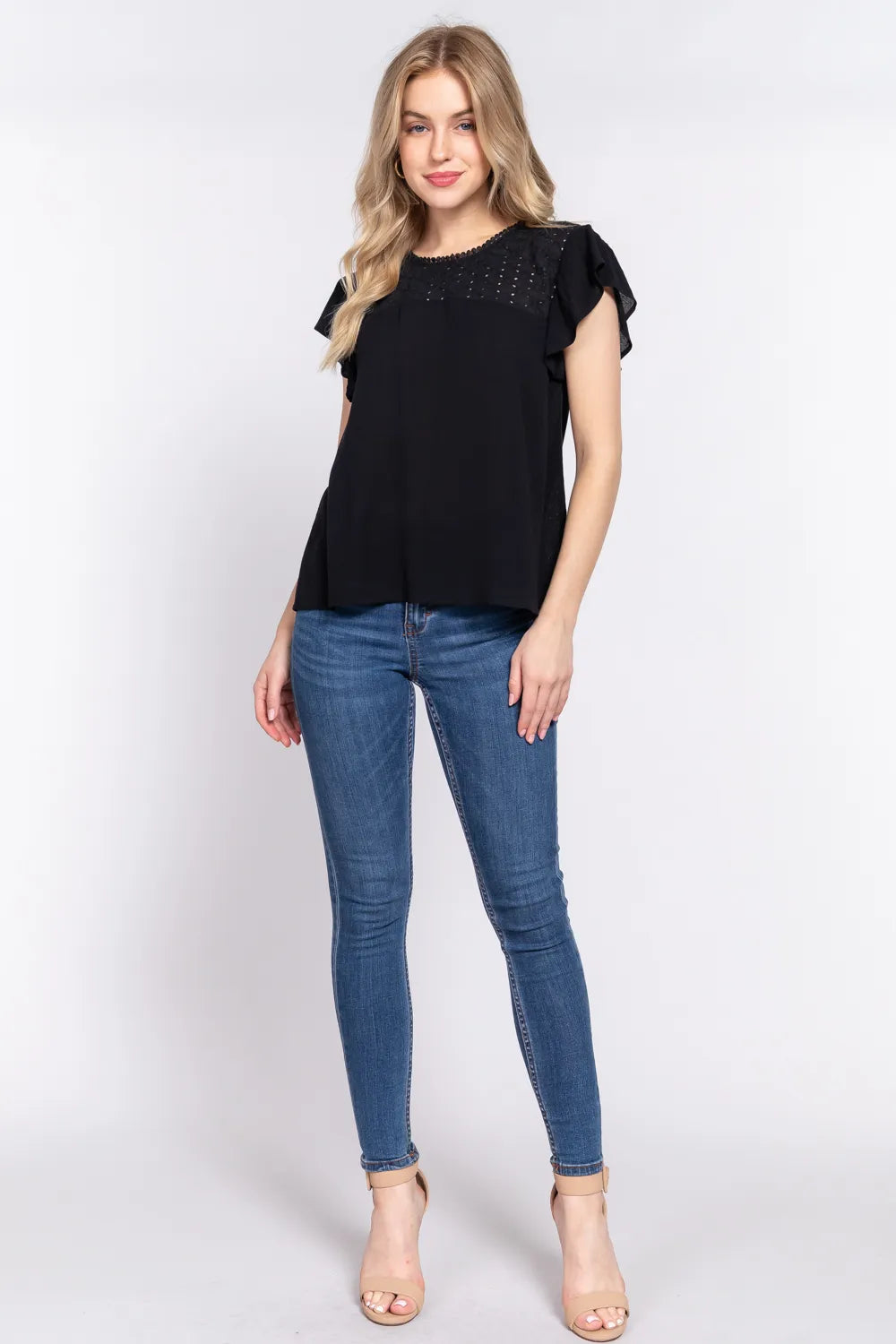 ACTIVE BASIC Ruffle Short Sleeve Crochet Blouse - Fashorio