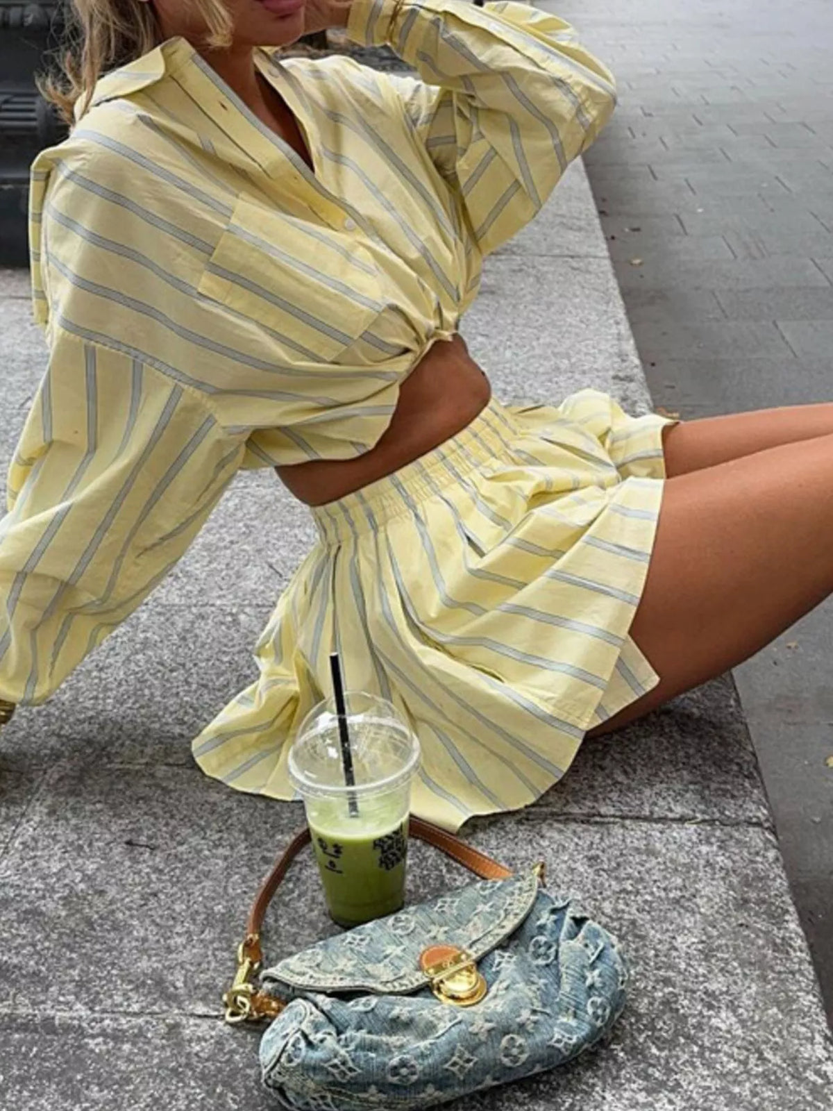 Coordinated striped shirt and shorts set side view