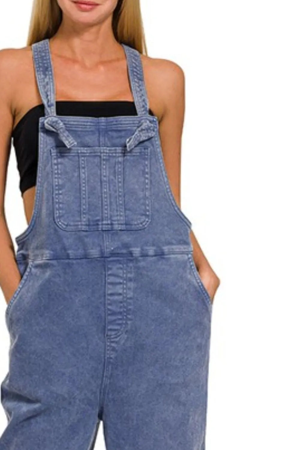 Zenana Washed Knot Strap Relaxed Fit Overalls - Fashorio