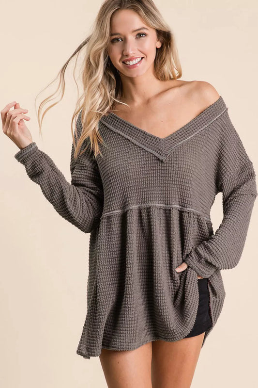 BiBi Waffle Knit V-Neck Babydoll Blouse MOCHA - Fashorio
