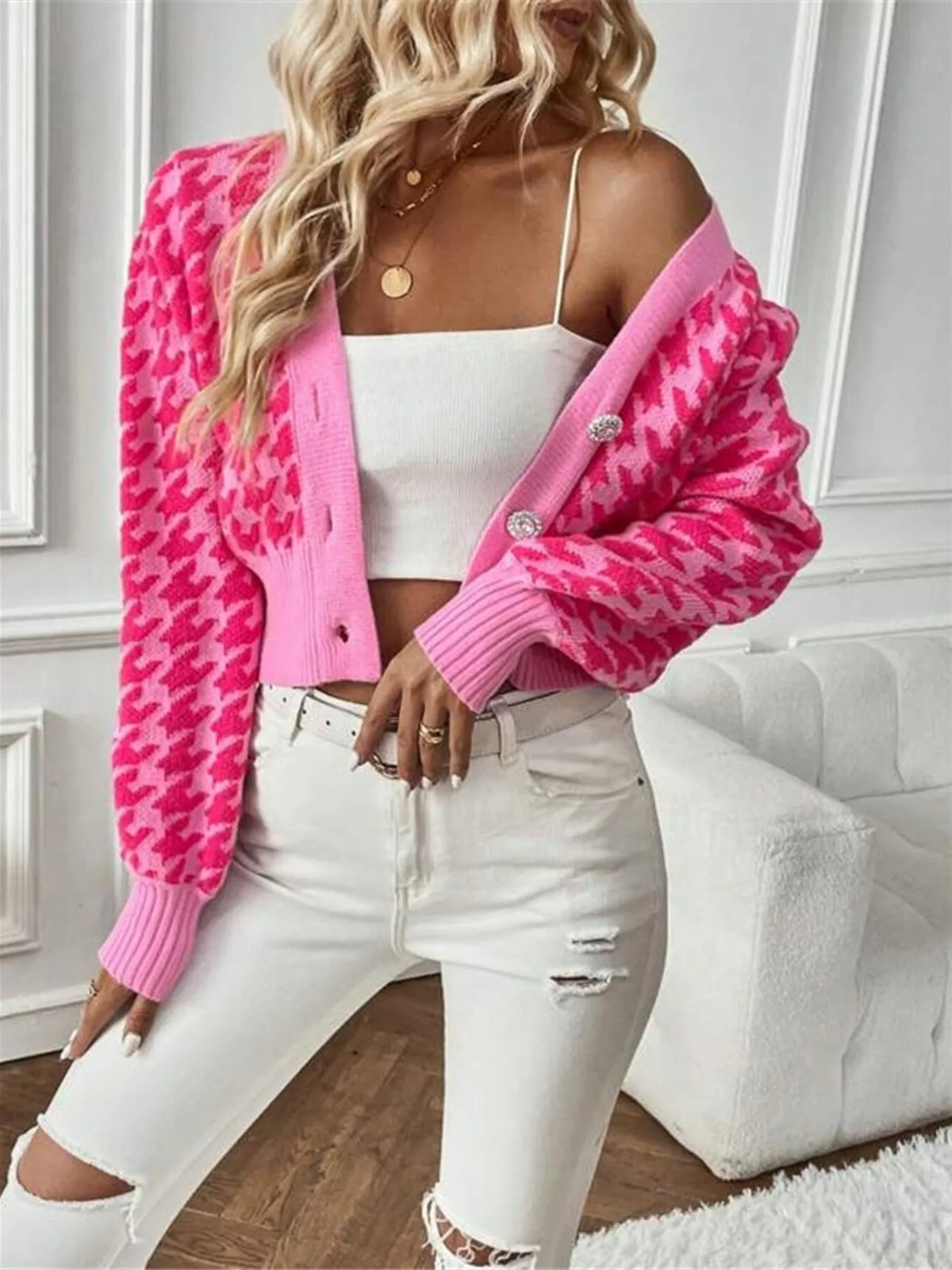 houndstooth v neck button up cardigan styled outfit