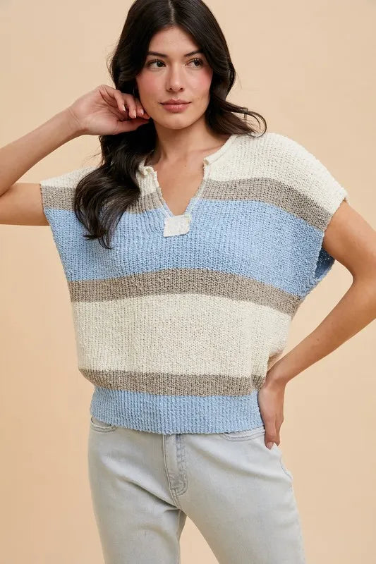 Color Block Textured Sweater Top in Ivory and Denim Blue back view
