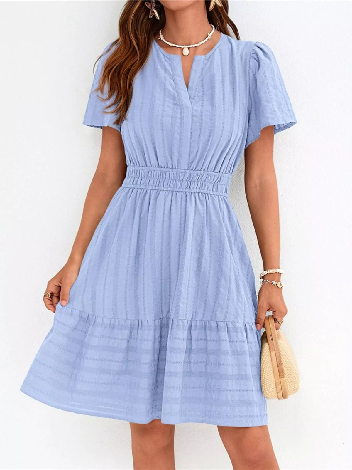 Short sleeve smocked waist tiered midi dress side view