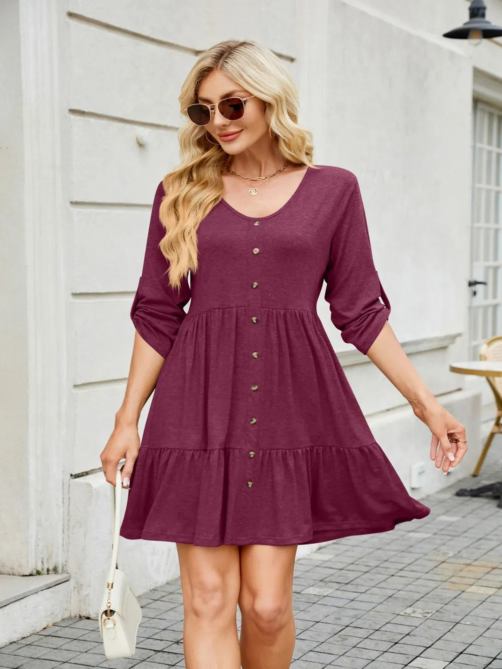 Ruched bodice on V-neck mini dress