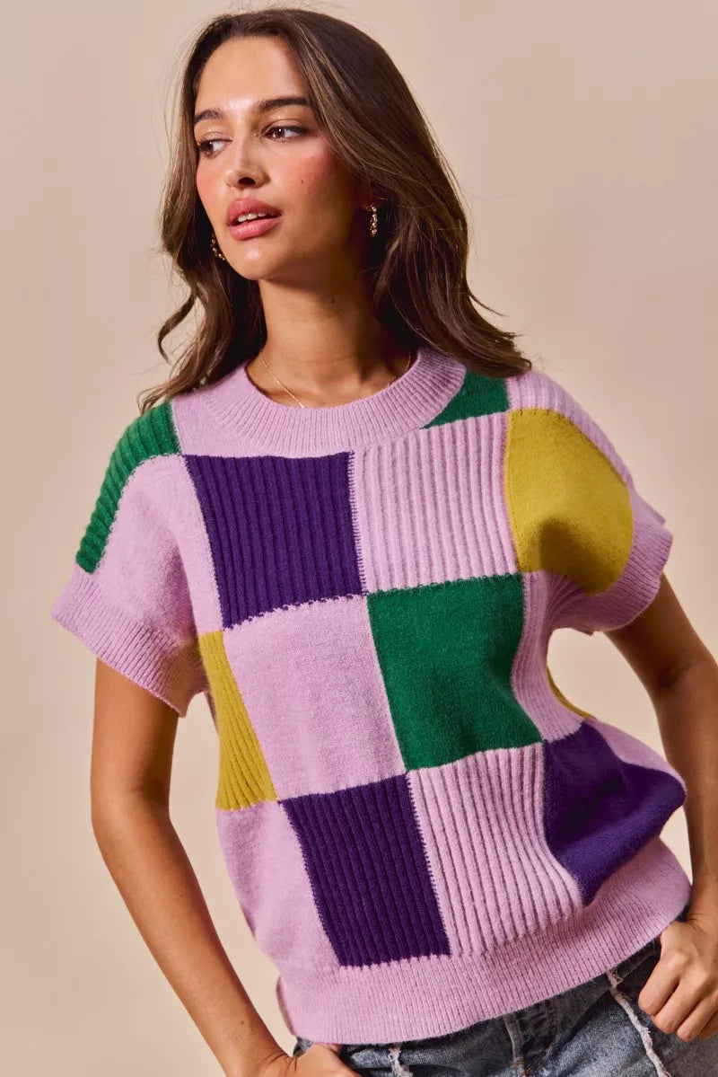 Check Plaid Casual Sweater Top in Lavender view 14